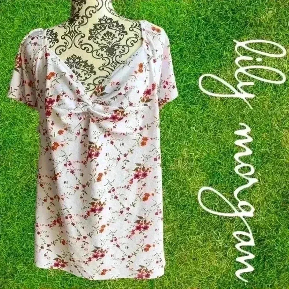 Women's Floral Knot-Front Short Sleeve Top - White with Pink & Rust Floral
